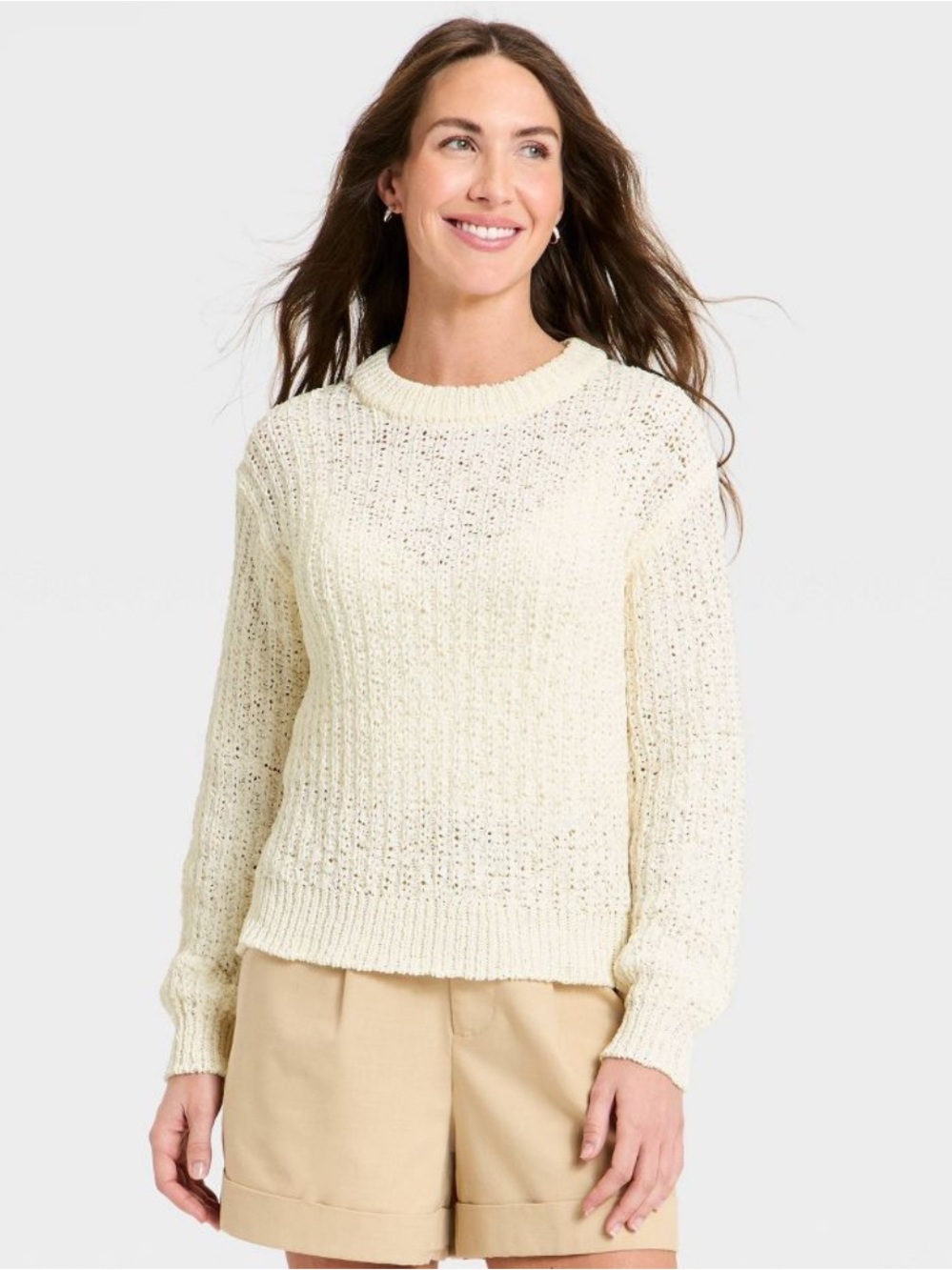 NEW- A New Day Long Sleeve Round Neck Tape Yarn Pullover Sweater in Cream